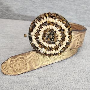 Bohemian Hippie Western Floral Embossed leather Pebble stone chunky belt buckle